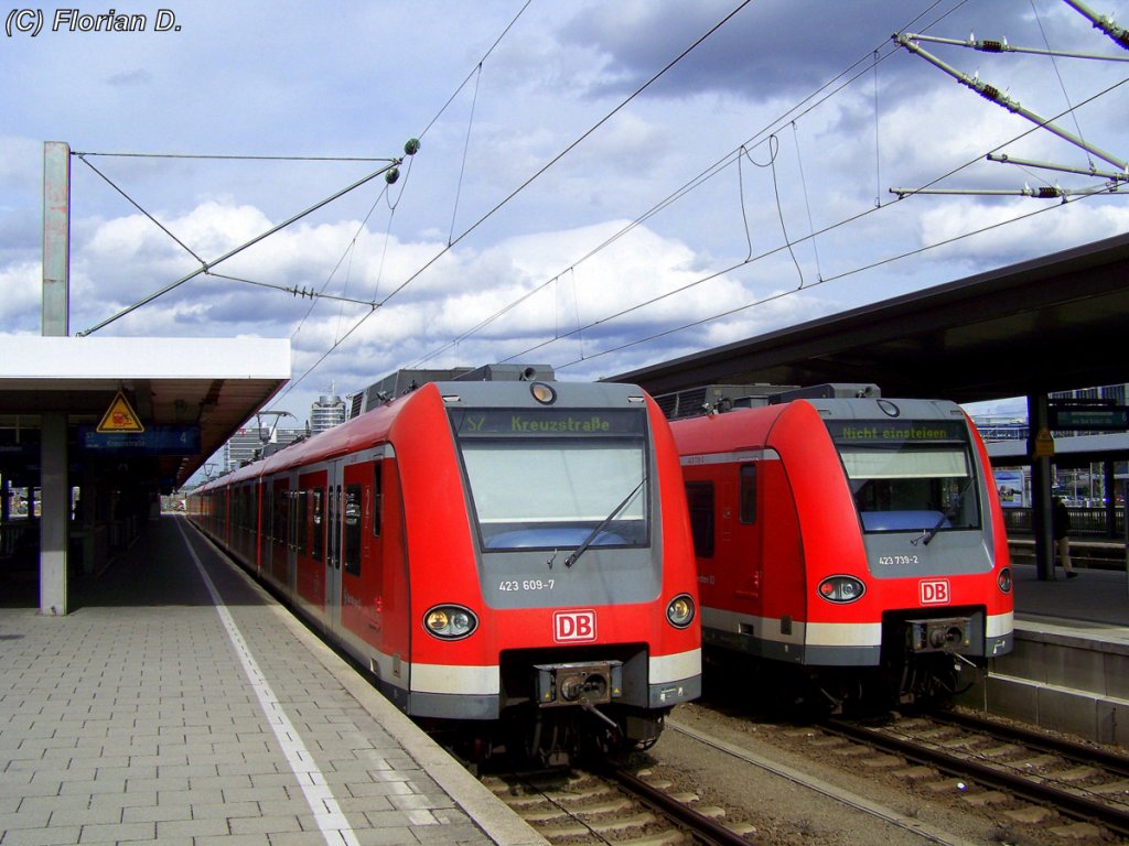423 109/609 als S7 in Richtung Kreuzstrae, trifft am Ostbahnhof die aus Tutzing ankommende S6 mit 423 239/739 am 27.03.2010