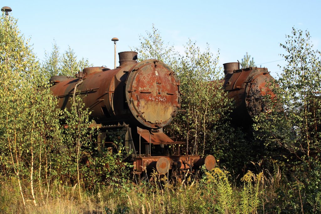 44 2140 am 16.09.2012 im Bw Falkenberg Oberer Bahnhof. Leider fehlte uns die Zeit, die Lok etwas frei zu schneiden. Das Gelnde dient nur zur Aufbewahrung von Fahrzeugen und ist nur an wenigen Tagen im Jahr zugnglich. 
