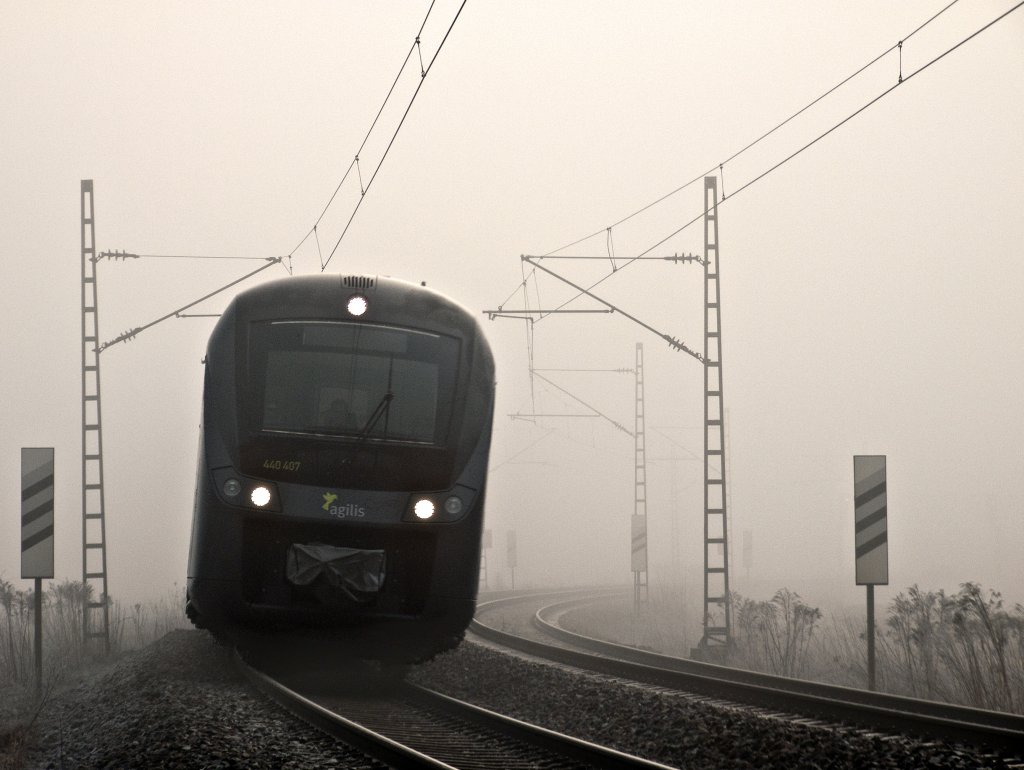 440 407 kmpft sich am Morgen des 17.01.2011 durch den Nebel kurz nach Plattling.