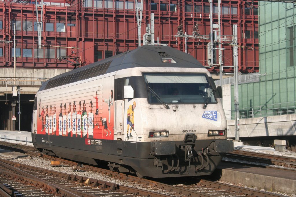 460 101 am 17.01.09 in Basel SBB, hier ist die weibliche Seite der Werbelok zu sehen. 