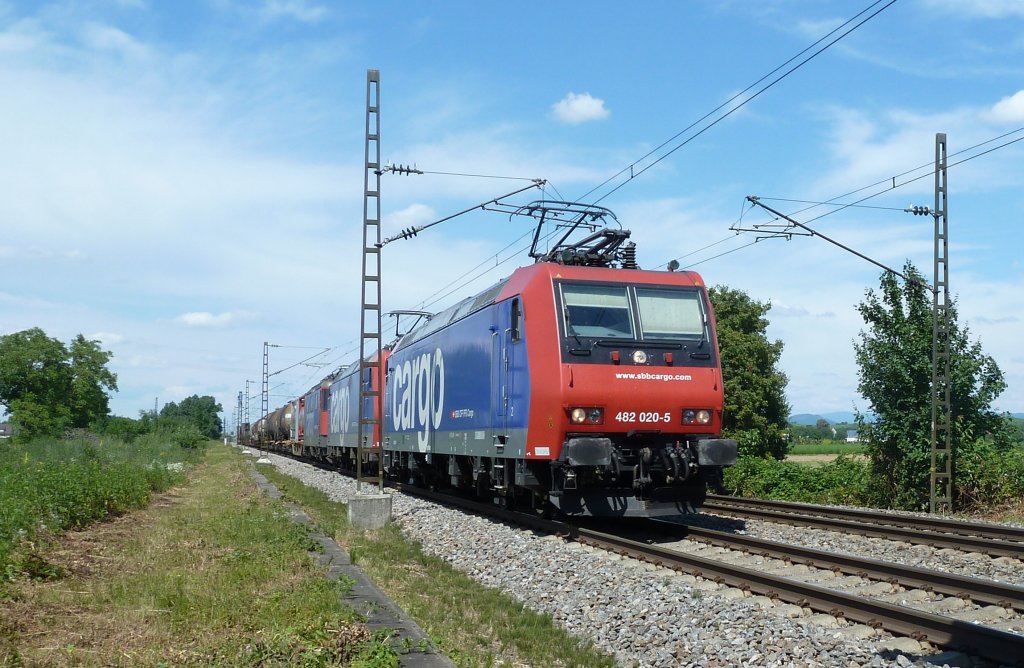 482 020-5 mit einer Schwesterlok, die wie die als Wagenlok mitgefhrte Re 421 unbekannt geblieben ist. Das Bild entstand am 02.07.11 sdlich von Buggingen.