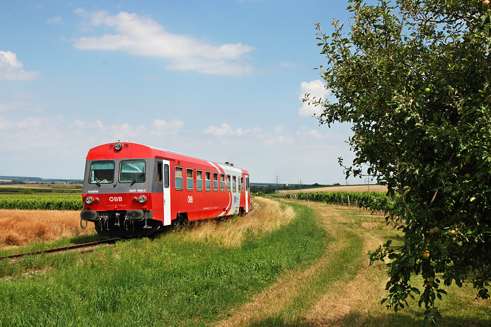 5047 090 ist am 19.07.2011 als R 2861 nach Neckenmarkt-Horitschon unterwegs und passiert bei Unterpetersdorf diesen Apfelbaum.