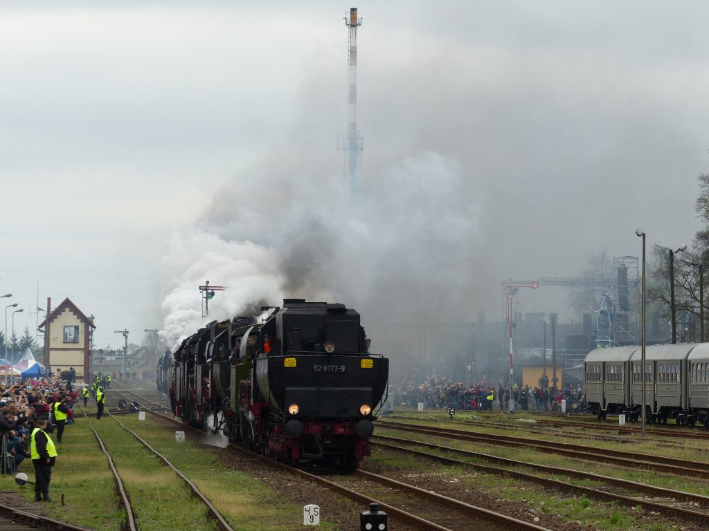 52 8177-9 führt die anlässlich der Dampflokparade zusammengekoppelten Dampfloks aus verschiedenen Ländern an. 27.4.2013, Wolsztyn