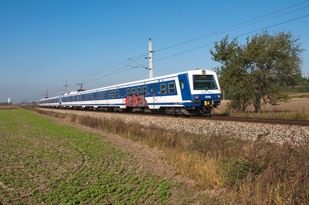 6020 264 ist mit ihrer S-Bahn von Absdorf-Hippersdorf nach Mdling unterwegs. Die Aufnahme entstand Anfang Oktober 2012 zwischen Hausleiten und Stockerau.