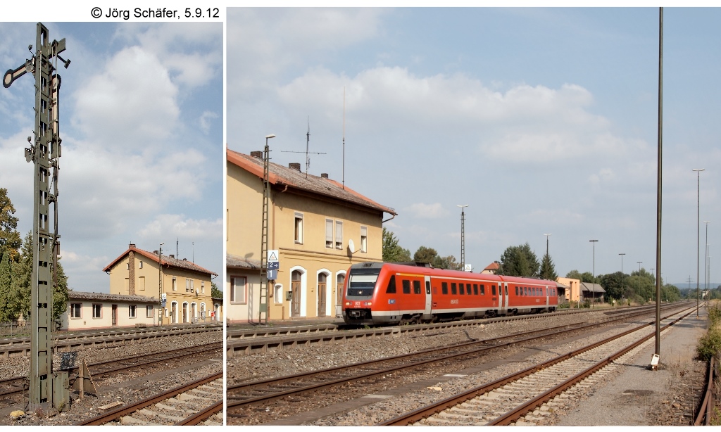 612 058 fhrt am 5.9.12 als RE von Schwandorf nach Nrnberg durch Sulzbach-Rosenberg Htte an Empfangsgebude und Ausfahrsignal vorbei.