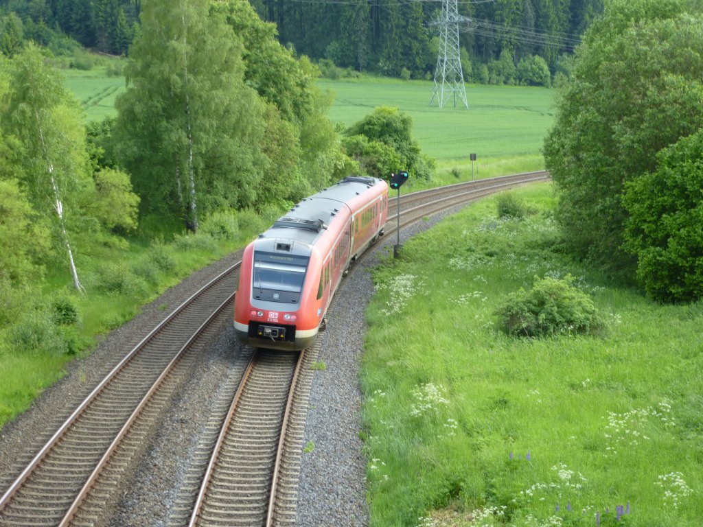 612 991 fährt hier am 9.Juni 2013 zwischen Hof und Oberkotzau.
Er war als RE 3032 bzw. RE 3012 von Hof nach Würzburg unterwegs.