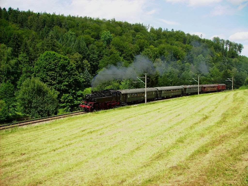 64 419 ist am 29.07.2012 bereits zum zweiten Mal auf dem Weg nach Bad Herrenalb, als sie die Wiese hinter dem Bahnhof Marxzell passiert.