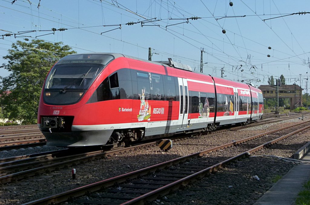 643 018 (Babelroth Heimatbotschafter 2012) ist als RB Wissembourg - Neustadt (Weinstra�e) am 18.09.2012 bei der Einfahrt in Neustadt