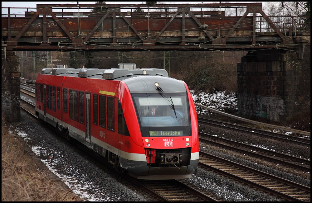 648 610/110 erreicht als RB53 (RB 29321)  ARDEY-Bahn , Dortmund Hbf - Schwerte(Ruhr) - Iserlohn, den Bahnhof Schwerte(Ruhr). (20.02.2010)