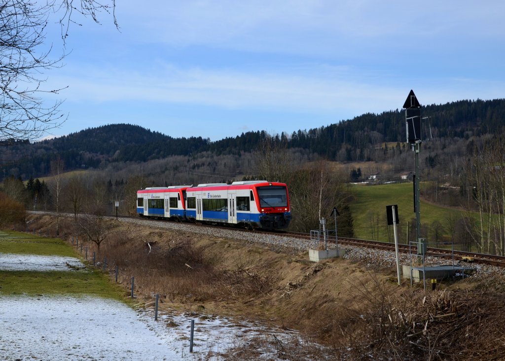 650 565 (VT 65) + 650 563 (VT 63) als RB nach Spicak am 14.03.2013 bei Triefenried.