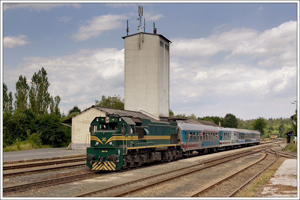 664 119 mit ihrem SE 19194 am 25.6.2010 bei der Durchfahrt in Vlkermarkt-Khnsdorf. 