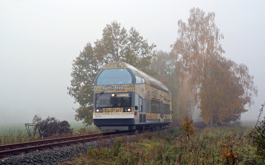 670 004 befand sich am 31.10.11 auf der R�ckfahrt von Dessau nach W�rlitz, als er bei Dessau-Mildensee fotografiert wurde.