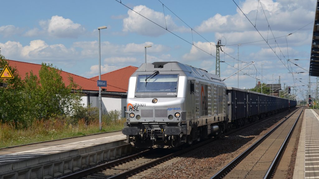 75101 der HSL zog am 12.08.12 einen Hochbordwagenzug durch Delitzsch u. Bf. Richtung Leipzig.