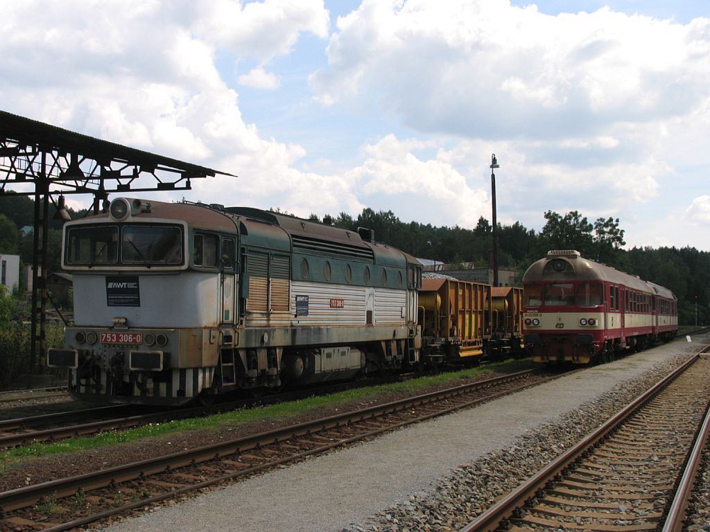 753 306-0 mit einem Bauzug neben Triebwagen 80-29 208-3/854 210-2 auf Bahnhof Hostinn am 3-8-2011.