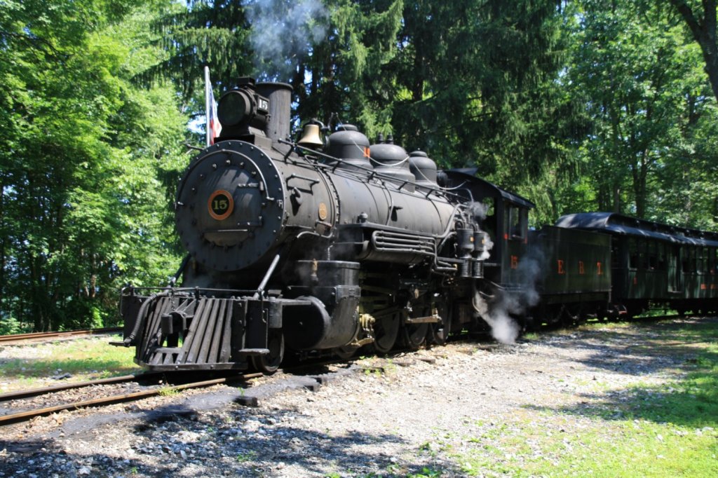7.7.2011 10km nrdl. von Orbisonia. No. 15 der East Broad Top RR von Baldwin kurz vor der Rckfahrt. Mitten im Wald liegt ein Gleisdreieck oder alte Abzweigstelle, die dem Zug das Drehen ohne Kopf machen ermglicht. 
