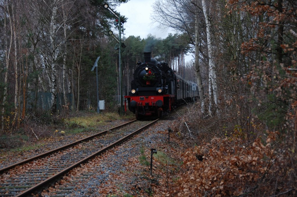 78 468 passiert hier mit ihrem Nikolaus-Sonderzug von Gtersloh Nord nach Hvelhof das wegen des wenigen Verkehrs etwas eingerostete Esig vom Bahnhof Hvelhof, 04.12.2011.