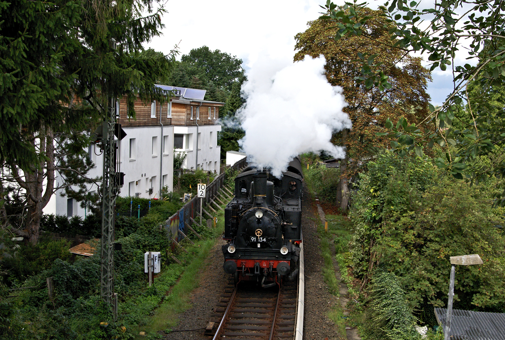 91 134 passiert am  28.08.2010 mit einem Museumszug aus Wedel das etwas eingewachsene ESig von Blankenese. 
