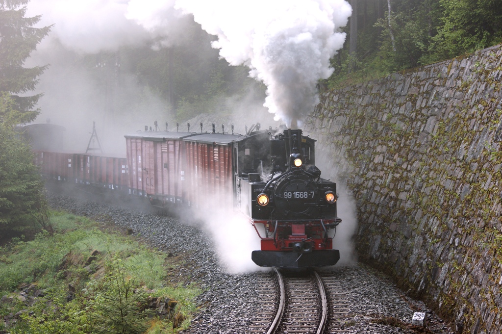 99 1568-7 kmpft sich morgens mit GmP 54233 den Berg hinauf. Aufgenommen m 21. Mai 2011 zwischen Bf Schmalzgrube und Hp Loreleyfelsen.  
