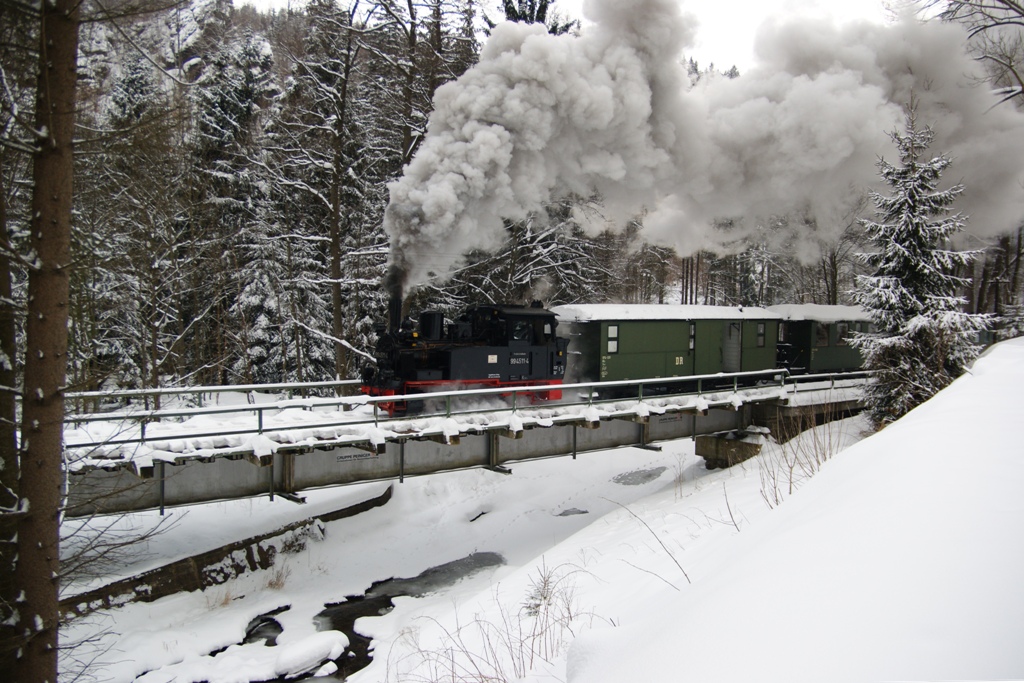 99 4511-4 auf einer der vielen Brcken im Prenitztal. Hier zwischen Hp Wildbach und Hp Stolln am 13.Februar 2010.