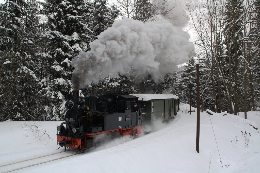 99 4511 ist am 13.02.2010 zwischen Steinbach und Schmalzgrube unterwegs.