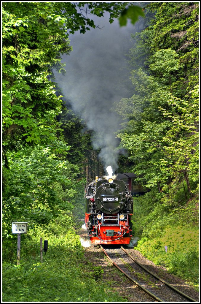 99 7234-0 auf der Fahrt zum Bocken ca.1km vor Drei Annen Hohne, beim Hotel Drei Annen.
