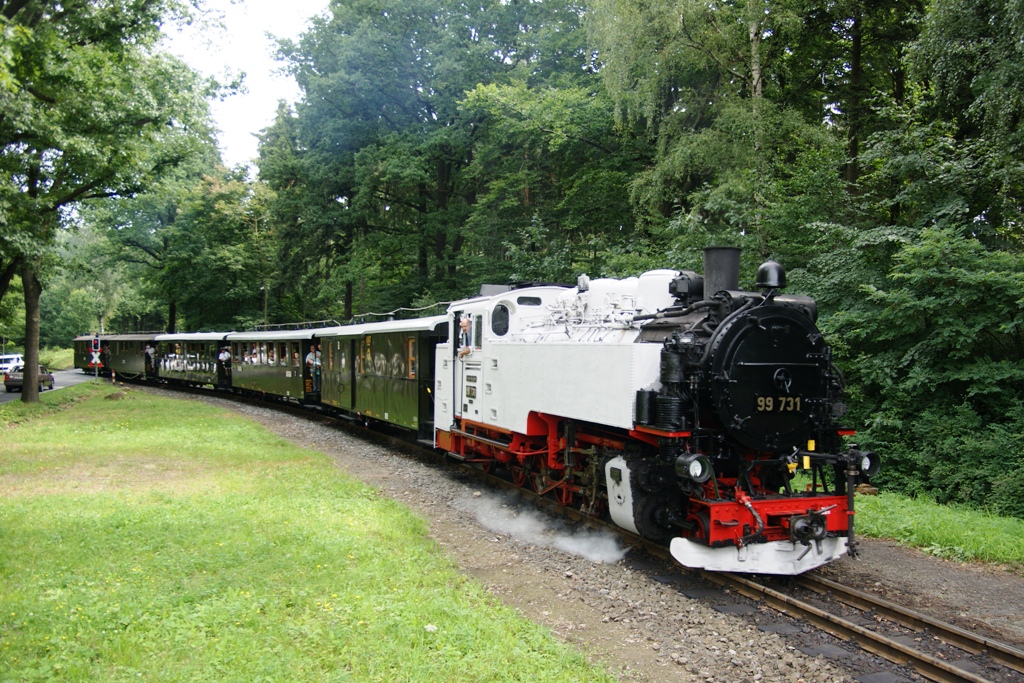 99 731 im Fotoanstrich, mit einem kompletten DRG Reisezug am Haken bei der Einfahrt Jonsdorf Hp. Aufgenommen zur Historik Mobil am 4.8.2012.