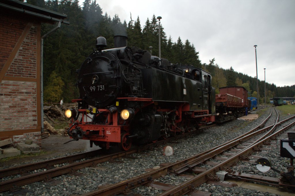 99 731 stand am Abend des 04.10.09 mit ihren kurzem Gterzug in Schnheide Sd an der Rollwagengrube.