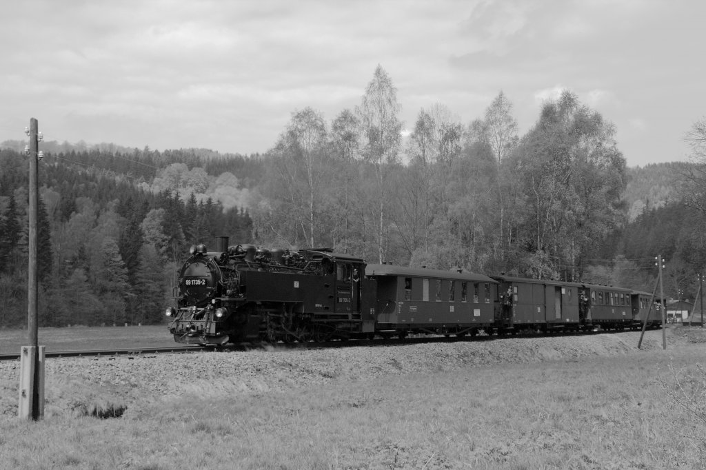 99 735 ist am 22.05.2010 zwischen Steinbach und Schmalzgrube unterwegs. 