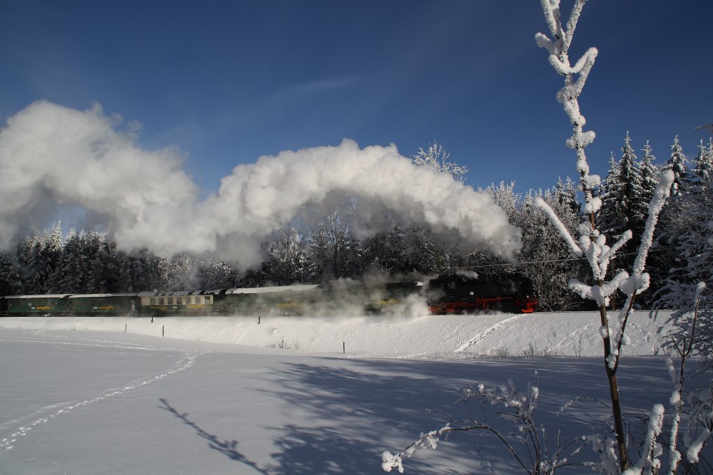 99 794 hat am 13.01.2010 den Bahnhof Kretscham-Rothensehma in Richtung Oberwiesenthal verlassen.