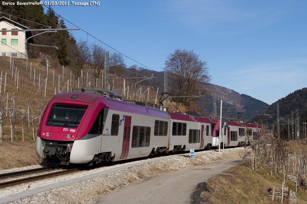 A couple of ETi of Trentino Trasporti transit near of Tozzaga with the local train n.25 from Mal to Trento. (March 1, 2011)