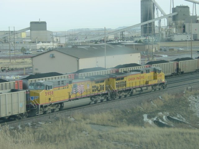 A pair of Union Pacific loks pull an empty coal train onto the staging track at the Thunder Basin Coal Co. near Wright, Wyoming Nov 2003.