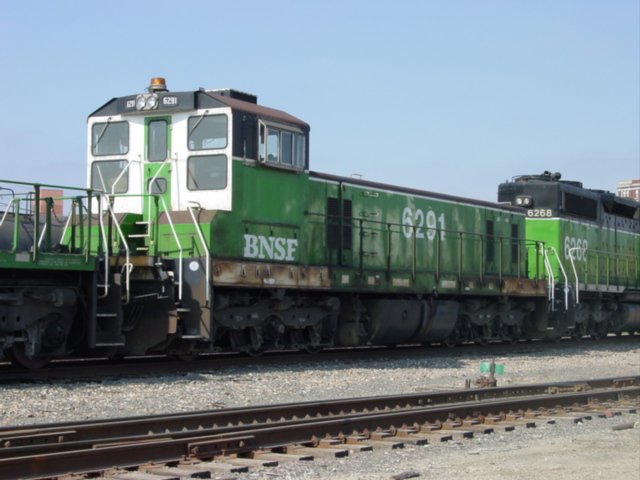 A strange unit of the BNSF in former Burlington Northern colors. Sitting in Burlington, Iowa yard on 22 Oct 2002.