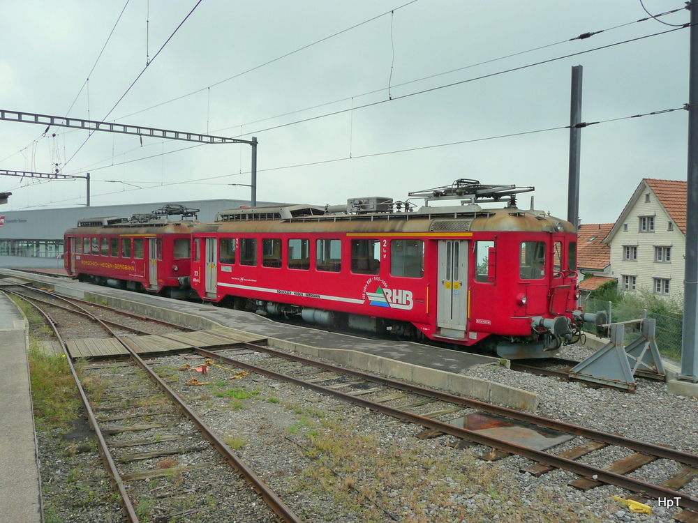 AB / RHB - Beide Triebwagen ABDeh 2/4  23 und ABDeh 2/4  24 mit Unterschiedlicher Beschriftungen abgestellt im Bahnhof Heiden am 06.09.2012
