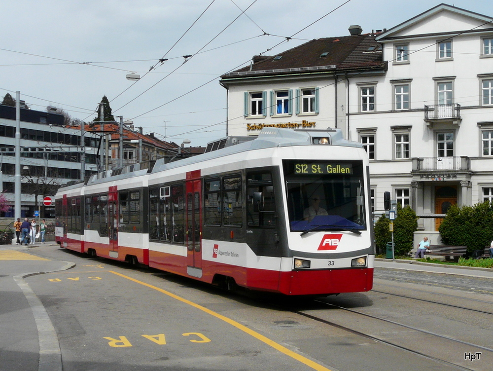 AB TB - Triebwagen Be 4/8 33 unterwegs ind er Stadt St.Gallen am 27.04.2012