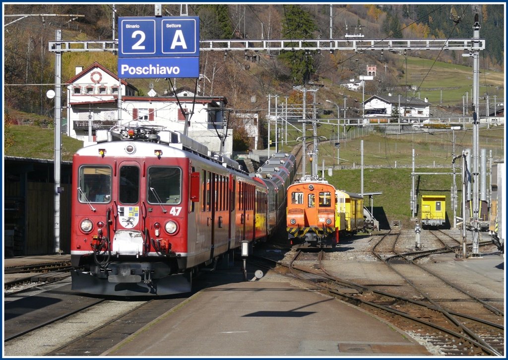 ABe 4/4 II 47 und 43 haben mit dem Berninaexpress 953 die Talsohle von Poschiavo erreicht. (11.11.2009)