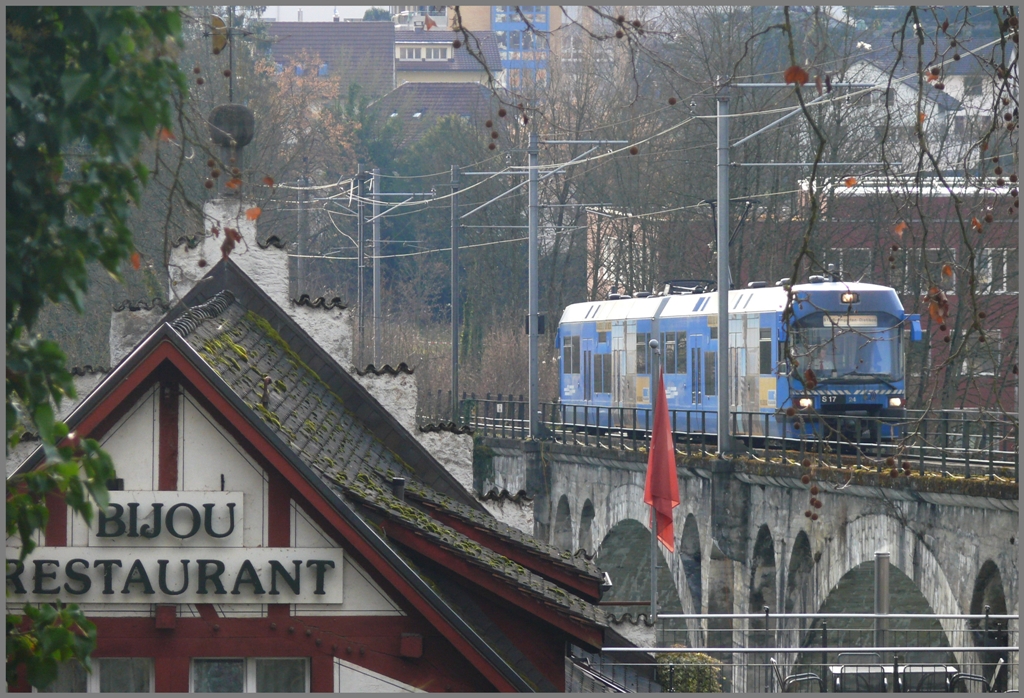 ABe 4/8 auf der Reussbrcke in Bremgarten. (13.12.2010)