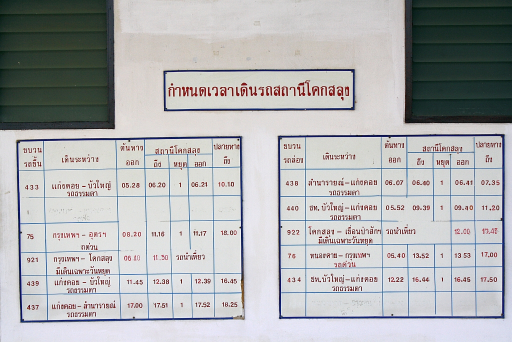 Abfahrtstafel des Bf. Khok Salung am 05.Dezember 2010.