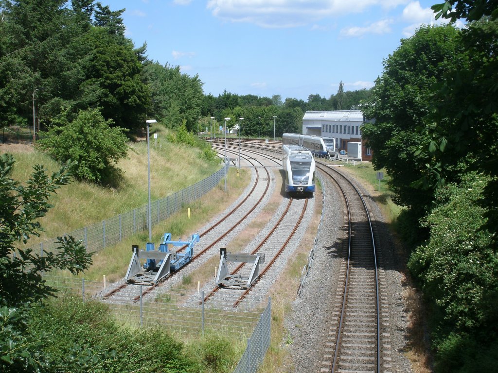 Abstellgleise vom Bh Heringsdorf am 23.Juni 2012.Aufgenommen von einer Brcke aus.Das rechte Gleis neben den Abstellgleise ist das Streckengleis Richtung Wolgast. 