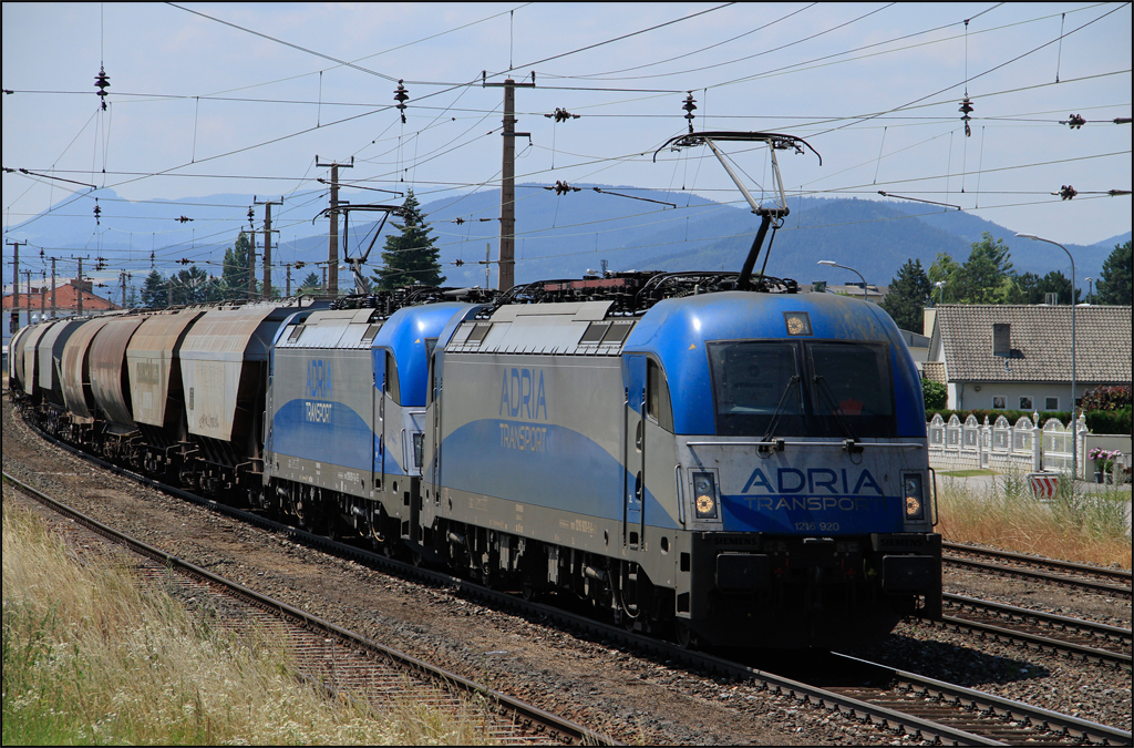ADRIA 1216.920 und 1216.921 mit Getreide-Leerzug am 08.07.13 im Bhf Neunkirchen/N Richtung Wr.Neustadt.
