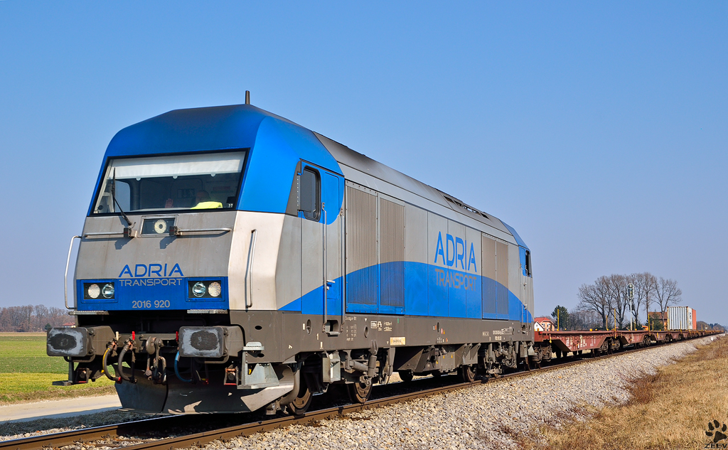 ADRIA Transport 2016 920Hercules zieht Containerzug durch Gaj bei Pragersko; Fahrtrichtung Hafen Koper (und Gru zurck zum freundlichen Lokfhrer)./ 7.3.2012