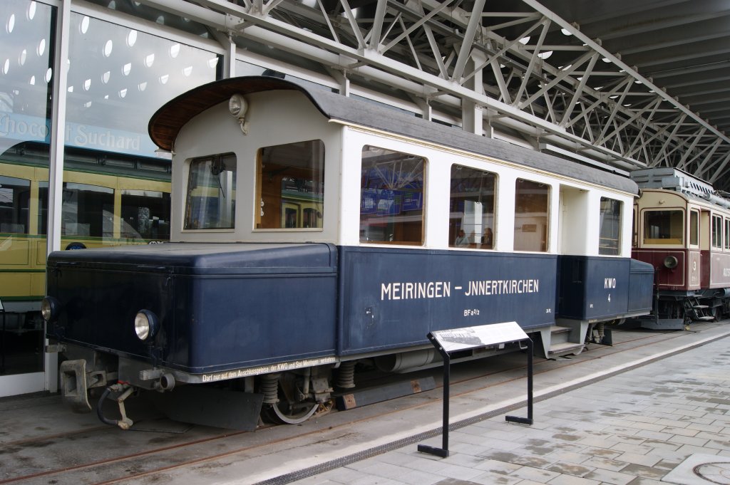 Akkumulator-Schienenbus der Meiringen - Innertkirchen Bahn MIB. Der Schienenbus war vom 1939 - 1977 in Betrieb. Die Aufnahme stammt vom 17.04.2012.