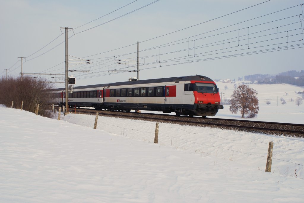 Alle diese Bilder dienten eigentlich nur der Erprobung einer Fotostelle, um dann am frhen Abend die Pacific 01 202 optimal fotografieren zu knnen. Am 13.2.10 fuhr ein EW IV - Pendelzug von Romont Richtung Palzieux.