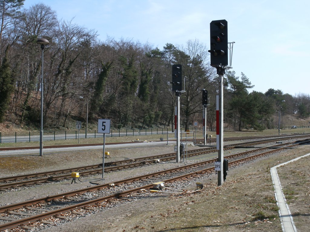 Alle drei Ausfahrsignale von Heringsdorf,in Richtung Swinoujscie und Wolgast,auf einem Bild.Aufgenommen am 14.April 2013.