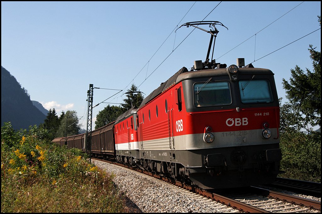 Alpenstaubsauger-POWER: Die beiden Innsbrucker 1144 218 (9181 1144 218-5) und 1144 258 (9181 1144 258-1) bringen gemeinsam diesen Gannzug, bestehend aus Schiebewandwagen, von Mnchen zum Grenzbahnhof Brenner. (06.08.2009)