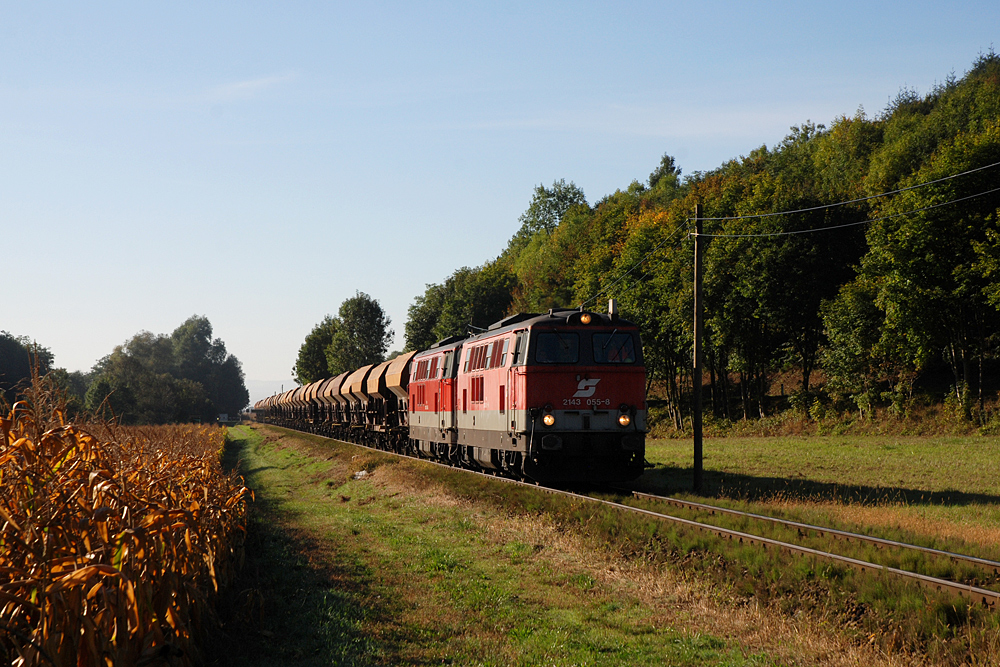 Als BED 72107 sind 2143 055 + 2143 058 mit beachtlichen 34 Wagen auf dem Weg von Statzendorf nach Meidling im Tale und rollen gerade aus der Morgensonne kommend talwrts.