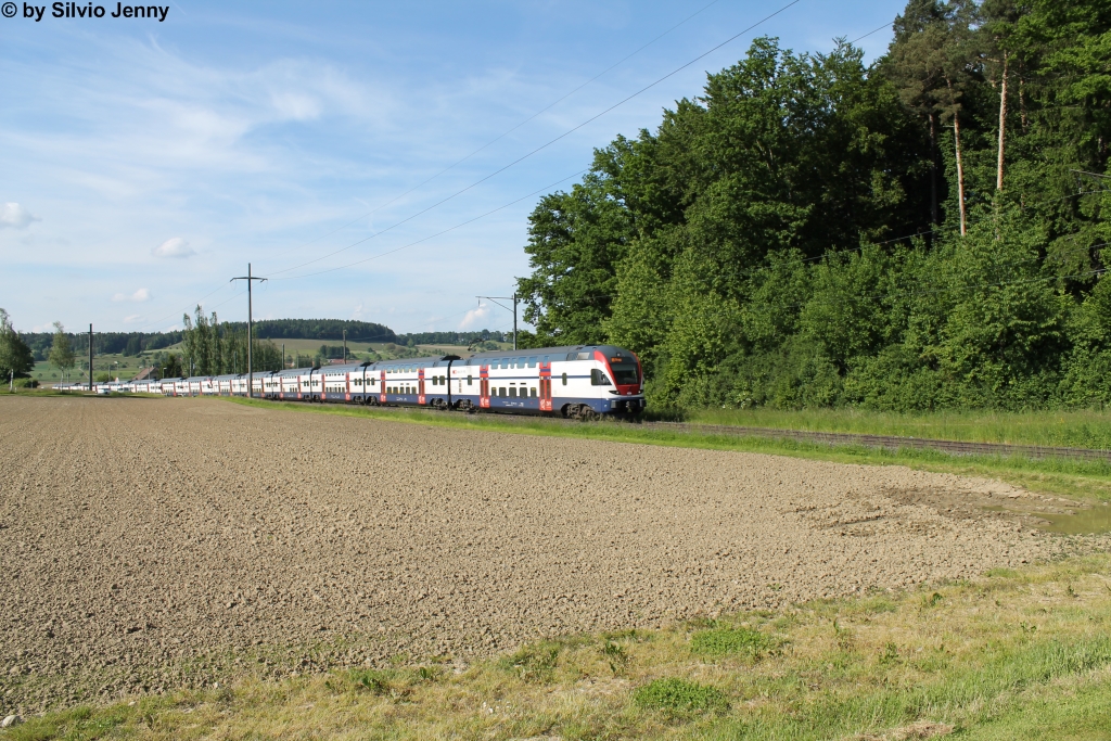 Als Folge der Entgleisung in Schwerzenbach vom Februar 2013 wurden insgesamt 3 DPZ erheblich beschdigt. Um diesen Ausfall zu kompensieren, wurde ein Umlauf von Mo-Fr auf der S12 nach Seuzach auf RV-Dosto umgestellt. Normalerweise fahren die RVD nur am Wochenende in Einfachtraktion nach Seuzach. Am 5.6.2013 fotografierte ich die RABe 511 012 + 002 ''Stadt Zrich'' zwischen den Haltestellen Reutlingen und Wallrti, wo sie als S12 19270 nach Brugg unterwegs waren. Da die RVD nun im Rheintal bentigt werden, wurde dieser Umlauf seit dem 10.6.2013 wieder auf DPZ umgestellt.