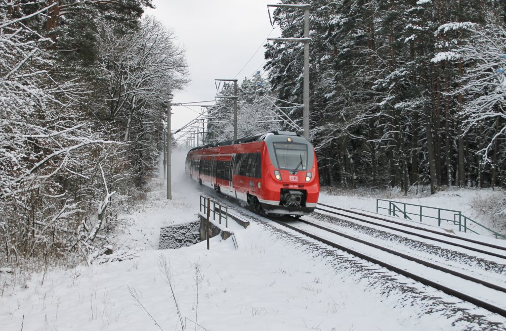 Als S 39158 rauscht 442 268 am 09.02.13 lautlos durch den den Winterwald zwischen Ottensoos und Lauf an der Pegnitz.