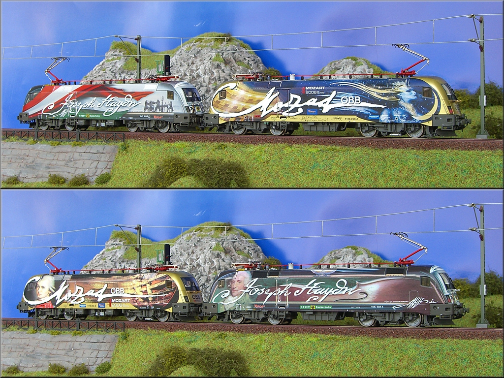 Alte Freunde wieder vereint...
In Realitt leider unmglich, mchte ich zwei gute Freunde namens Mozart und Haydn einmal gemeinsam zeigen. Hier allerdings in Form von Rocos 62454 Rh 1116 250-0 BB und Rocos 62365 Rh 1047 504-4 GySEV. 