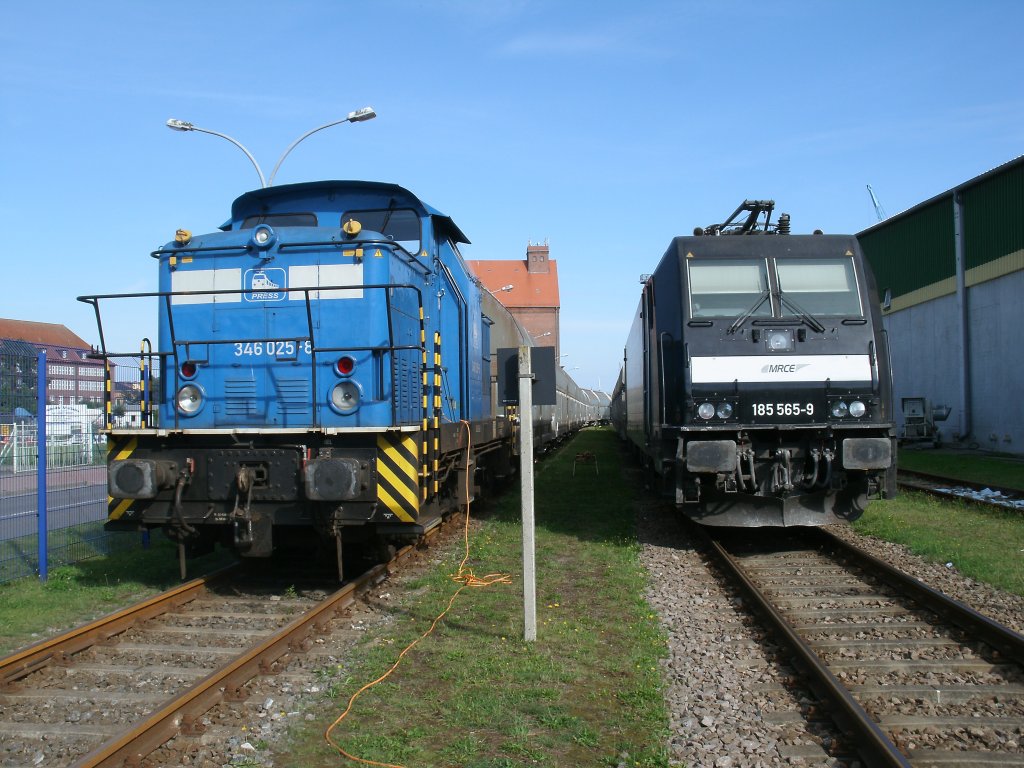 Am 02.September 2012 hatte ich die M�glichkeit zu diesem Foto als die PRESS 346 025 und die MRCE 185 565 nebeneinander im Stralsunder Nordhafen standen.Aufnahme durch den Zaun.