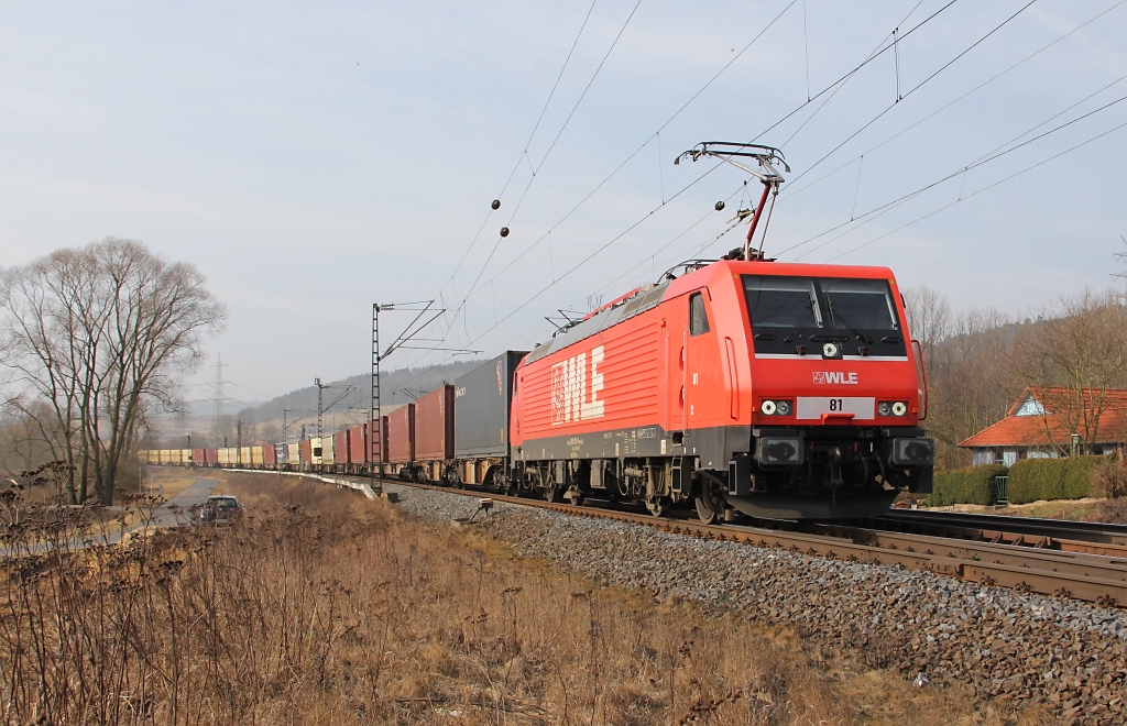 Am 03.03.2012 bespannte die WLE 81, 189 801-4, den Warsteiner Zug in Richtung Norden. Aufgenommen bei Mecklar.